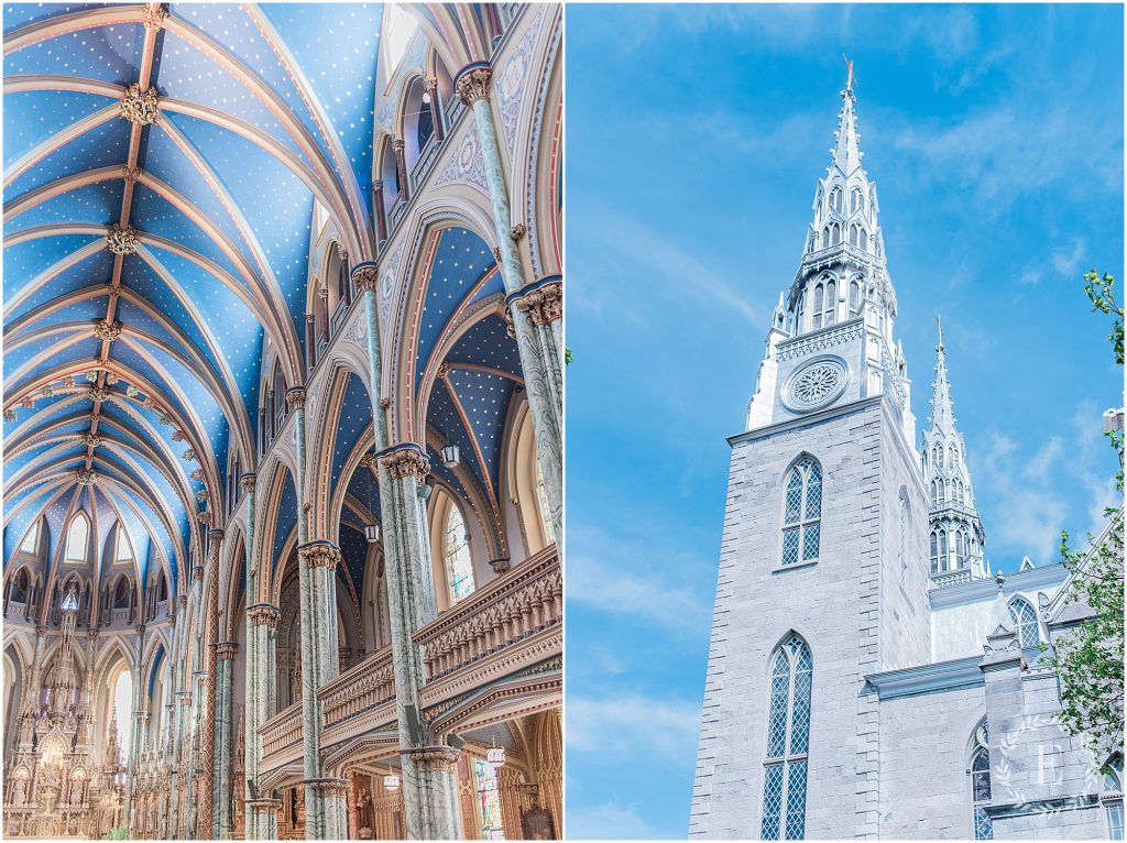 Interior of Notre Dame Cathedral Basilica in Ottawa, looking up at the vaulted blue ceiling dotted with gold stars and the ornate carved arches and columns. Exterior of Notre Dame Cathedral Basilica in Ottawa, its twin silver Gothic spires rising against a bright blue sky.