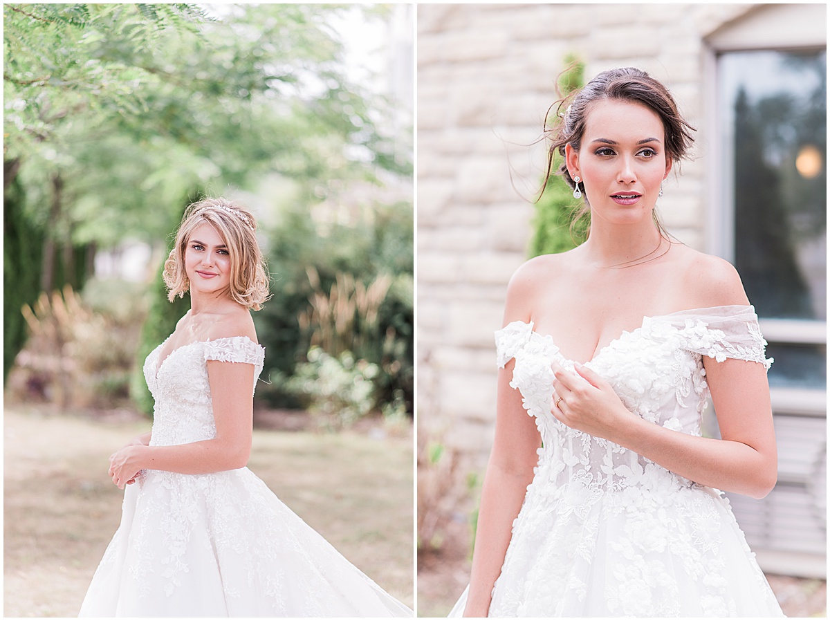 Bride from La Maison Bridal Boutique wearing a strapless lace ball gown with a full tulle skirt, standing outdoors near a stone building