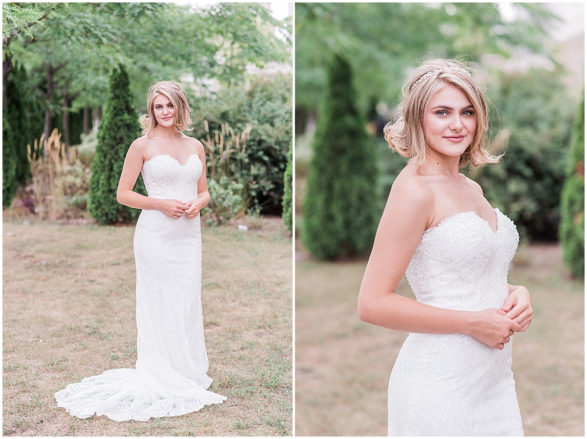 Bride from La Maison Bridal Boutique wearing a strapless fitted lace mermaid gown with a sweetheart neckline, standing in a garden setting.