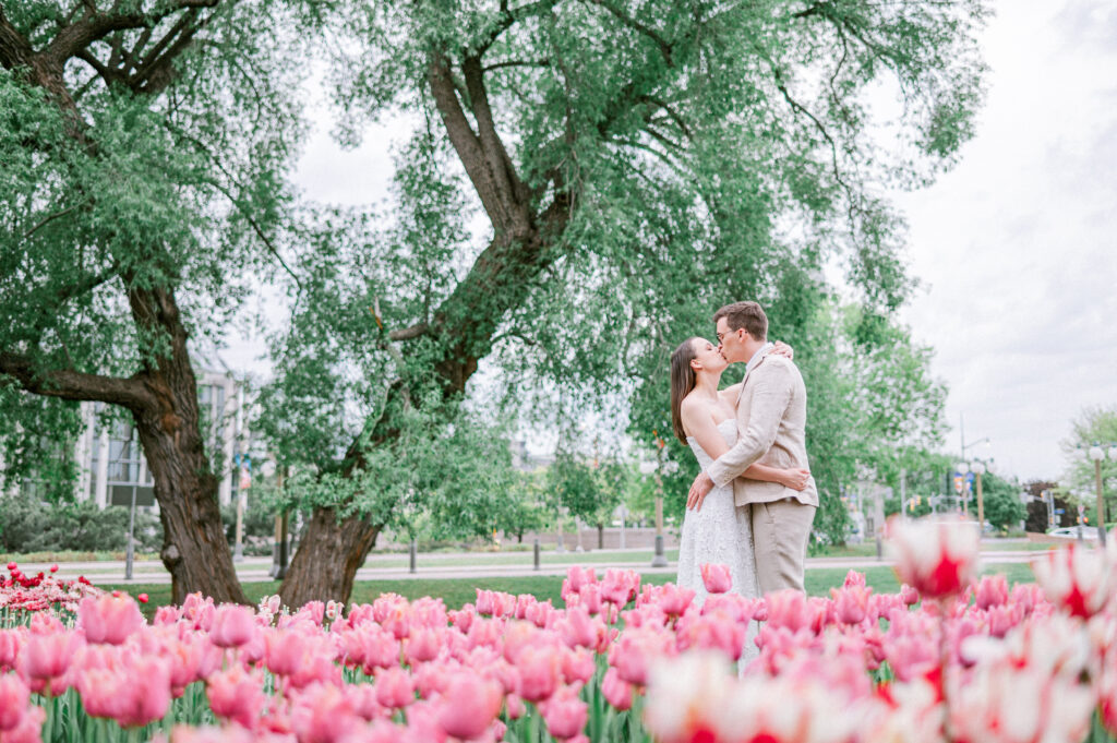 Couple kissing under a large willow tree surrounded by a field of blooming pink tulips.