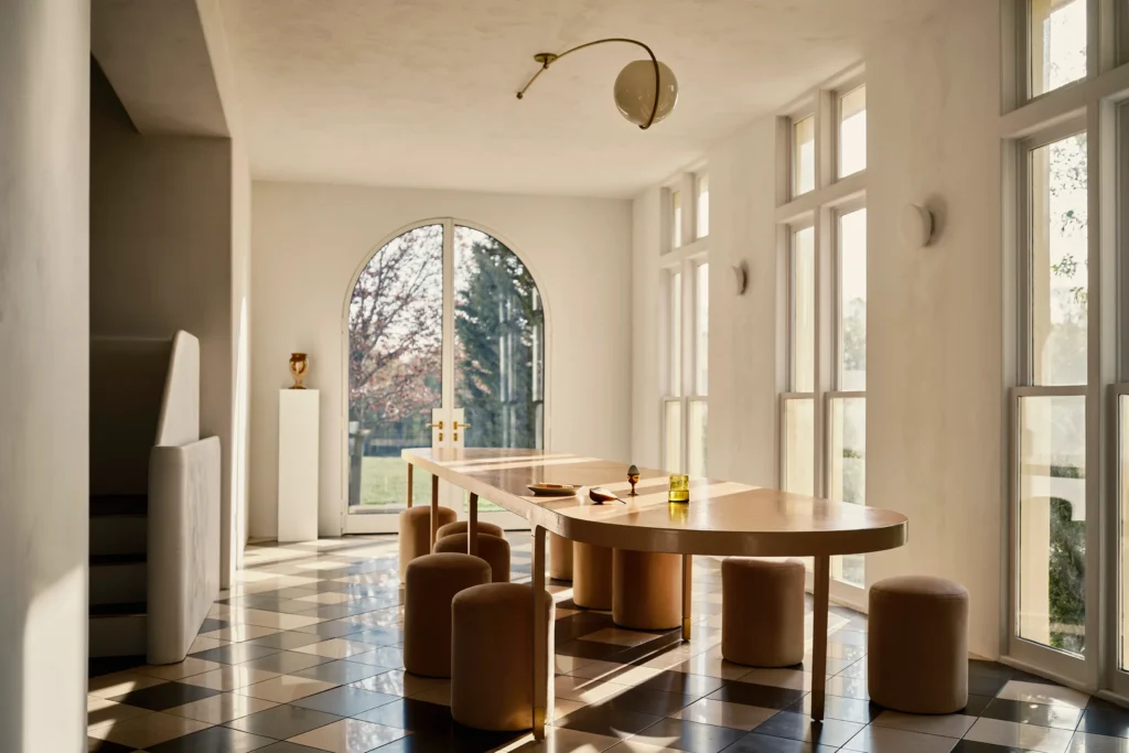 Sunlit room with an arched window, checkered tile floor, and a curved wooden table with round stools, Lune 1860 (Muskoka), a modern take on an Old World European wedding venue in Canada.
