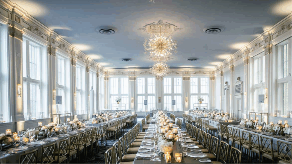Grand ballroom with tall arched windows, ornate gold trim, and starburst chandeliers set for a wedding reception, The Omni King Edward Hotel (Toronto), an elegant Old World European wedding venue in Canada.