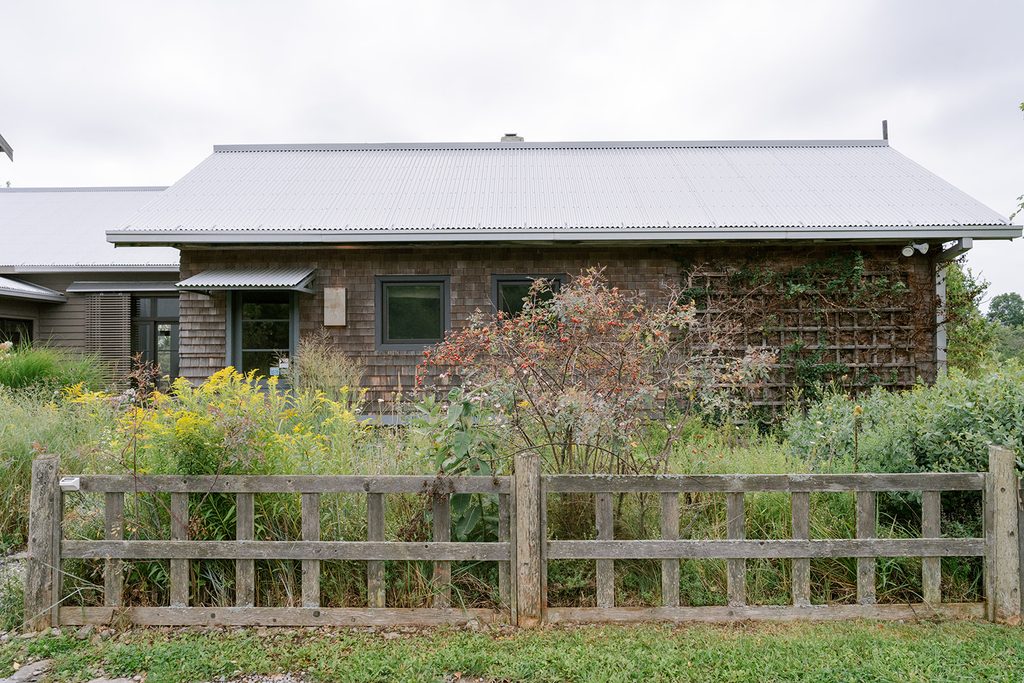 Cedar-shingled cottage with a metal roof behind a wooden fence and wild garden at Compass Rose, a Prince Edward County wedding venue