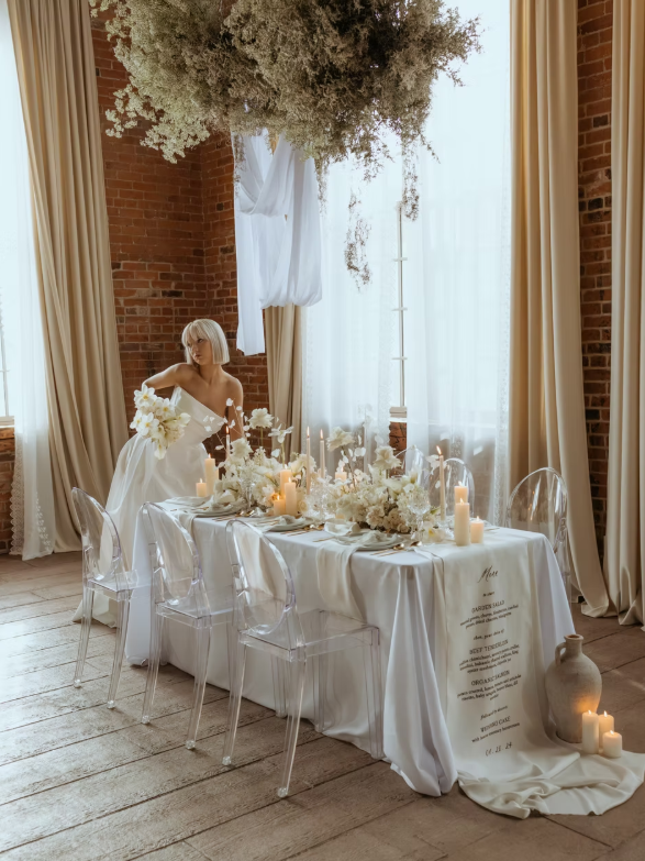 Bride in a strapless white gown sitting on a candlelit reception table with white florals and ghost chairs in a brick loft, styled by Kristen Ross of Mildred and Co, Prince Edward County wedding planner.