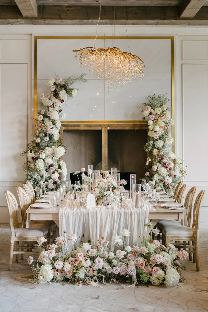 Wedding head table with blush and white floral columns, a crystal chandelier, and a gold-framed mirror, styled by The Event Design Co, Toronto and Muskoka wedding planner.